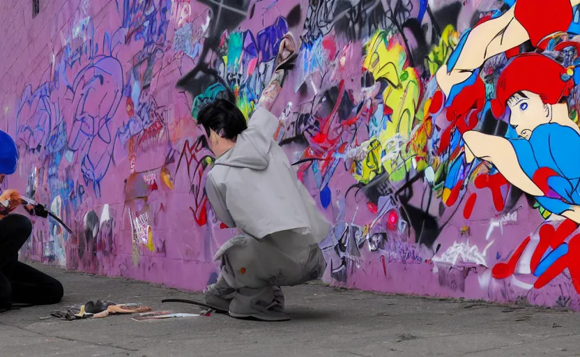 Image similar to a scene where a graffiti artist is tagging a wall, digital painting masterpiece, painted by joji morikawa, by osamu tezuka, by yukito kishiro, by ikuto yamashita, 4 k wallpaper, beautiful, gorgeous