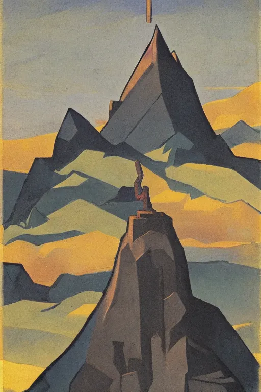 Image similar to thor holding the hammer, stay on mountain, marvel, artwork by nicholas roerich,