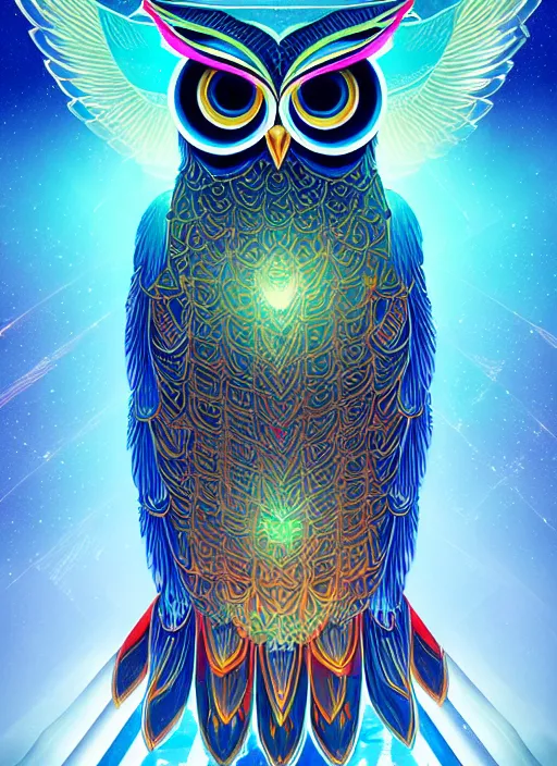 Image similar to symmetry!! product render poster vivid colors divine proportion owl, 神 圣, glowing fog intricate, elegant, highly detailed, digital painting, artstation, concept art, smooth, sharp focus, illustration,