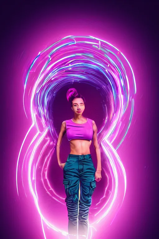 Image similar to a award winning half body portrait of a beautiful woman in a croptop and cargo pants with ombre purple pink teal hairstyle and hands in pockets by ari liloan, surrounded by whirling illuminated lines, outrun, vaporware, shaded flat illustration, digital art, trending on artstation, highly detailed, fine detail, intricate