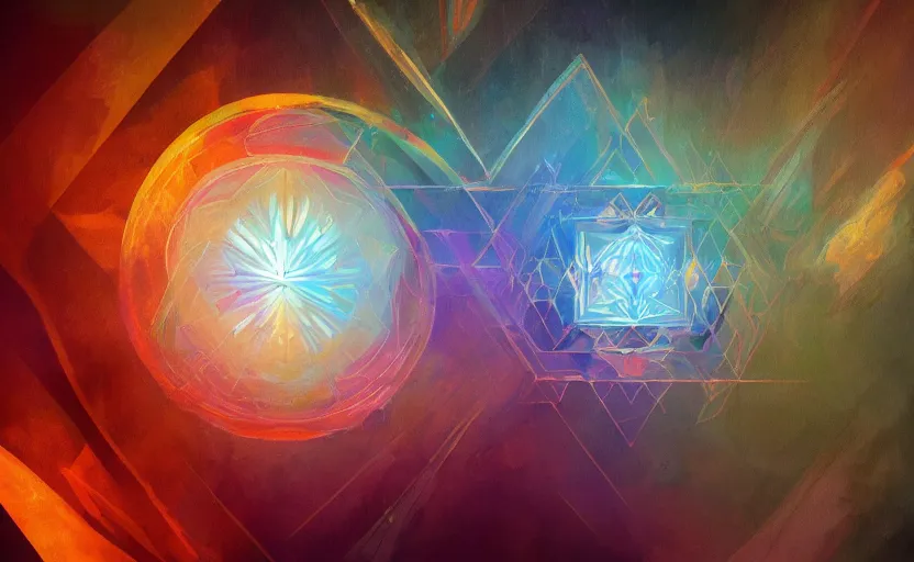 Image similar to a painting of a sacred geometry trending on artstation in the style of greg rutkowski, 3 d, fractal, 4 d, endless, rainbow, geometric tesseract, symmetry, wallpaper, sacred