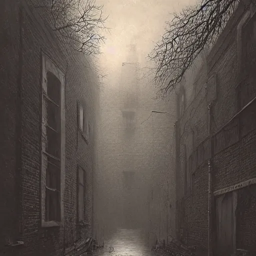 Prompt: flooded overgrown victorian london alley, highly detailed, eldritch, ominous, dawn, chilly dark mood, by beksinski and stalenhag