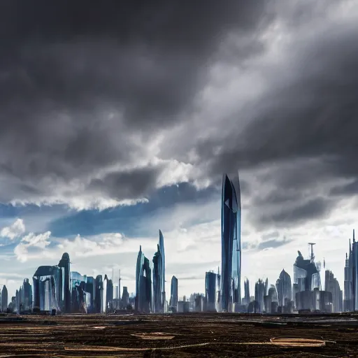 Image similar to Giant futuristic megacity towering across the landscape, post apocalyptic, EOS-1D, f/16, ISO 200, 1/160s, 8K, unedited, symmetrical balance, in-frame