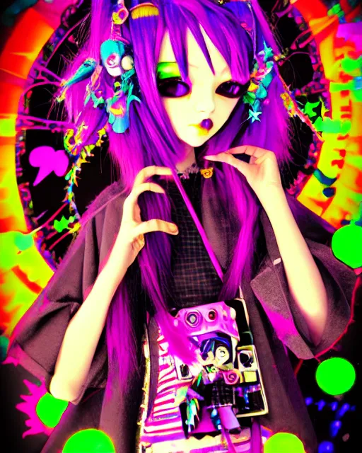 Prompt: emo jester anime girl, in neo tokyo scene, kawaii decora rainbowcore, vhs monster high, glitchcore witchcore, checkered spiked hair, pixiv, a mage witch hacker hologram by penny patricia poppycock, pixabay contest winner, holography, irridescent, photoillustration, maximalist maximalism vaporwave