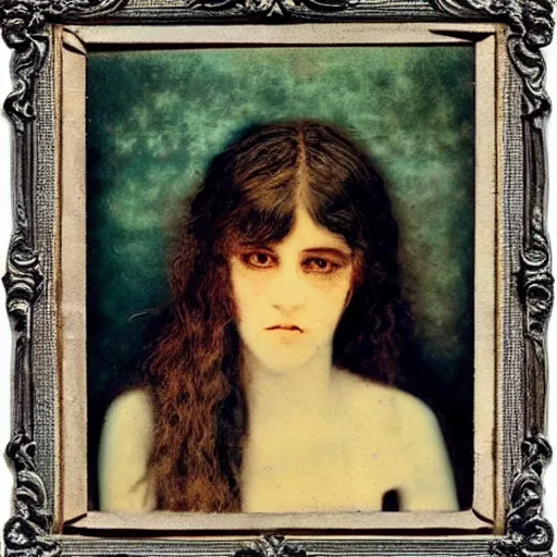 Prompt: a beautiful young lady with huge bright silver eyes, colored vintage daguerreotype, by gustave moreau, by Mackintosh, art noveau, highly detailed, strong lights, liminal, eerie, Bright pastel colors