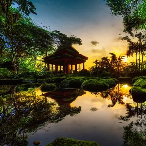 Image similar to a jungle temple surrounded by moss and tropical flowers, with a sunset, by alex horley, bokeh photography