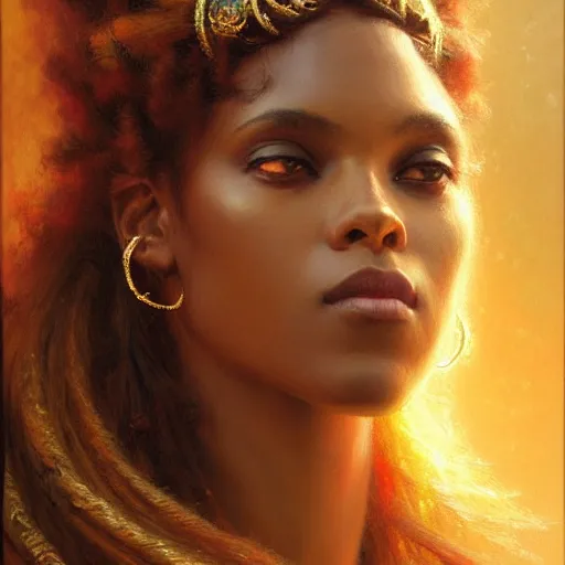 Prompt: young black woman, goddess of light, long flowing hair, smug expression, highly detailed painting by gaston bussiere, craig mullins, j. c. leyendecker 8 k
