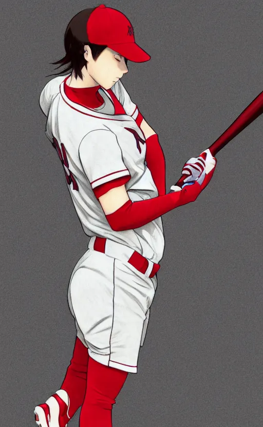 Image similar to anime style, female baseball player, red sport clothing, baseball bat, launching a straight ball, brown short hair, hair down, symmetrical facial features, from arknights, hyper realistic, rule of thirds, extreme detail, 4 k drawing, safebooru, realistic lighting, by alphonse mucha, greg rutkowski, sharp focus, backlit