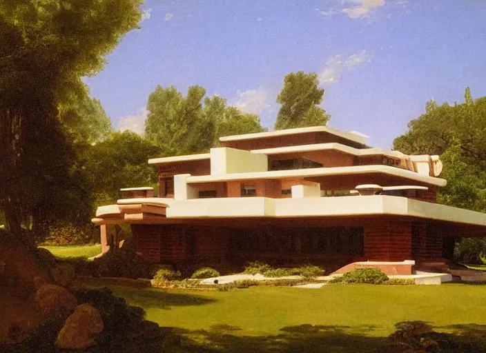 Prompt: painting of a frank lloyd wright house in cape cod by thomas cole