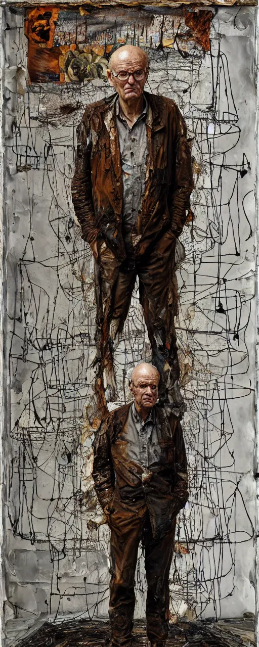 Image similar to a full length portrait of a very ordinary old man with a blank expression, Anselm Kiefer and Lucian Freud and Jenny Saville, oil painting, rust, Scaffolding, rusted metal and sunflowers, iron cladding, decay, mixed media, textured, anatomically correct, beautiful perfect face, visible brushstrokes, sharp focus, Highly Detailed, Cinematic Lighting, 8k, HD