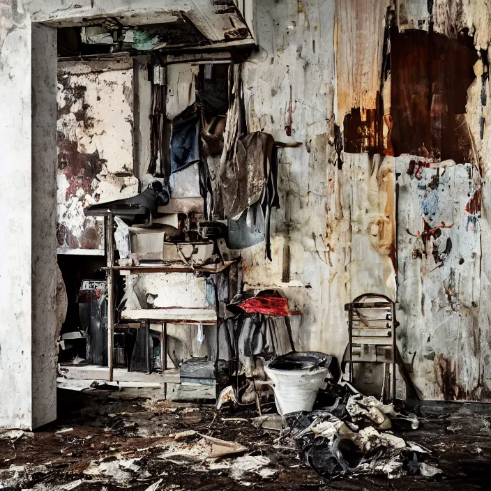 Image similar to old, grungy, dirty, modern home interior, color photograph, canon eos c 3 0 0, ƒ 1. 8, 3 5 mm, 8 k, medium - format print