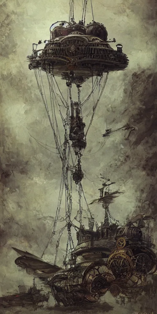 Image similar to giant floating steampunk airship, by Mikhail Vrubel, trending on artstation