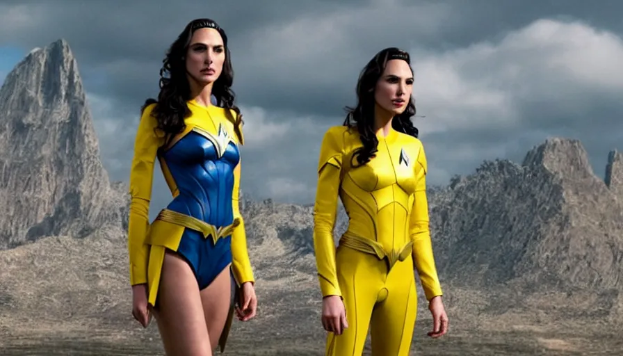 Image similar to Gal Gadot, wearing a yellow uniform, is the captain of the starship Enterprise in the new Star Trek movie