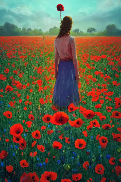 Image similar to closeup, giant poppy flower head, girl standing in a field of flowers, surreal photography, sunrise, blue sky, dramatic light, impressionist painting, digital painting, artstation, simon stalenhag