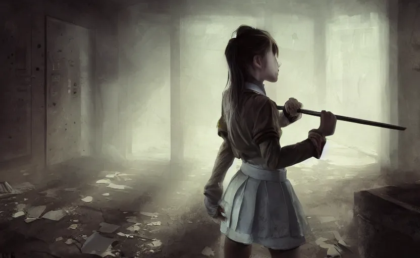 Prompt: School girl holding a katana and standing on an abandoned hospital room, horror sccene,, intricate, elegant, volumetric lighting, digital painting, highly detailed, artstation, sharp focus, illustration, concept art, ruan jia, steve mccurry