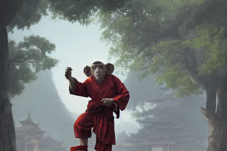 Image similar to A MONKEY dressed as a shaolin monk, standing in front of an ancient chinese palace, cinematic lighting, artstation, greg rutkowski