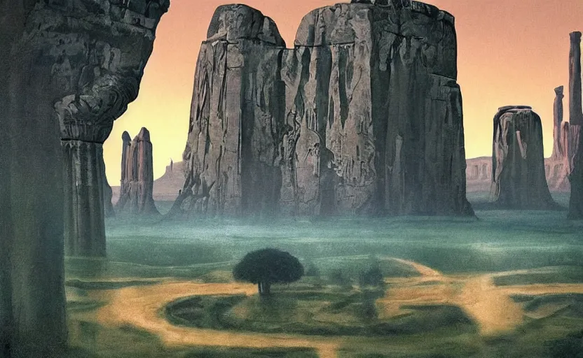 Prompt: hyperrealist painting of the guardians of peace from close encounters of the third kind ( 1 9 7 7 ) in a flooded monument valley stonehenge jungle. 1 9 7 0 s science fiction, moody, misty, depth perception, 4 k, artstation, in the style of studio ghibli