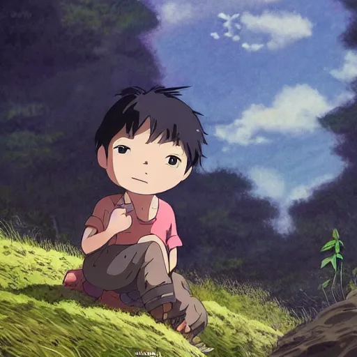 Prompt: friendly guy and small creature , with Fragile looking character portrait face made by Studio Ghibli highly detailed art, beautiful scene, sharp focus, smooth, 8k, anime art, wild, dark, fantasy, peaceful, sunshine