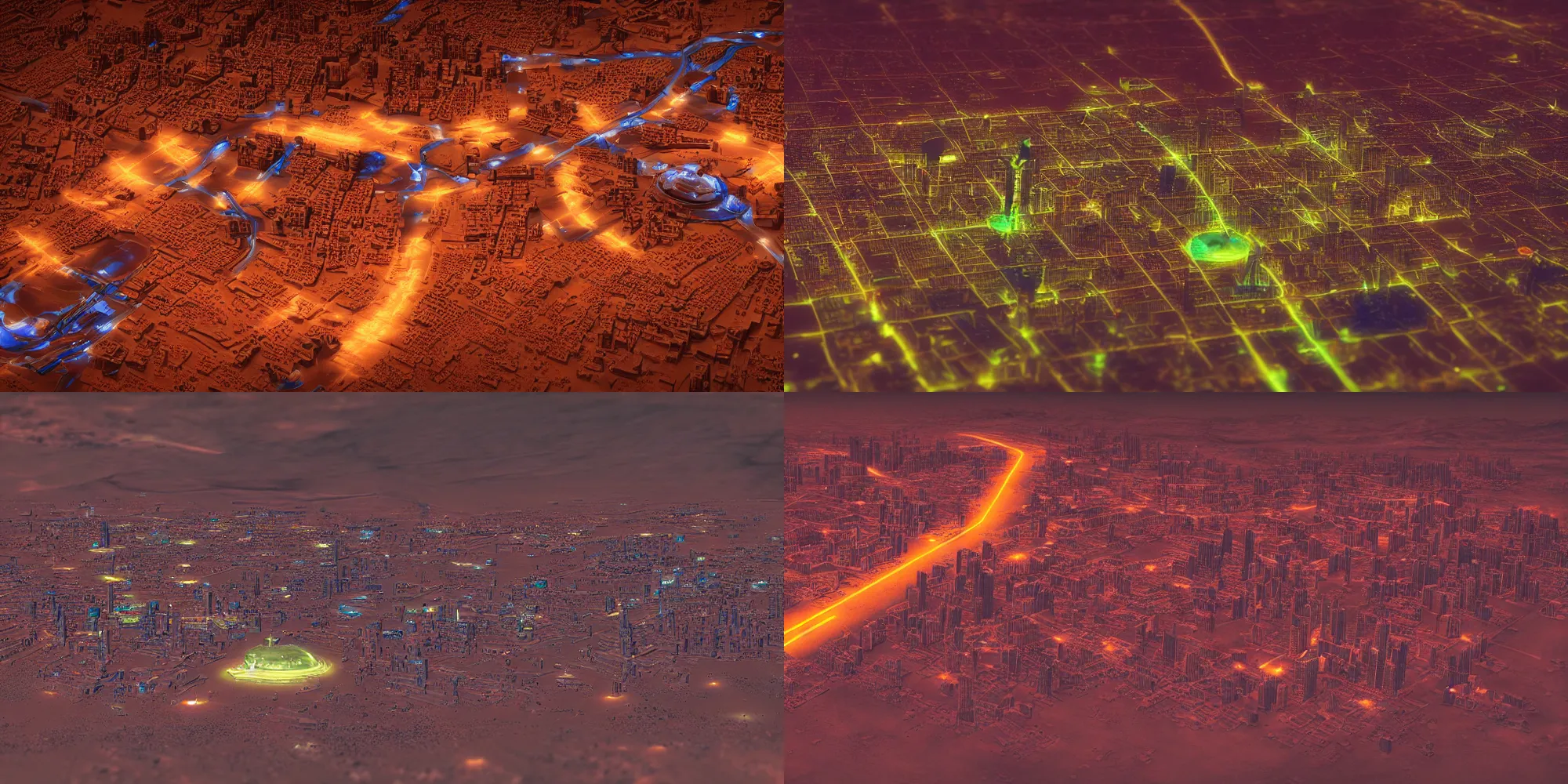 Prompt: Tilt shift photography of the first city on Mars, neon at night, in the style of Vincent Di Fate