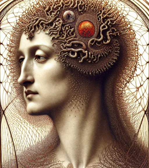 Image similar to detailed realistic beautiful almandine goddess face portrait by jean delville, gustave dore, iris van herpen and marco mazzoni, art forms of nature by ernst haeckel, art nouveau, symbolist, visionary, gothic, neo - gothic, pre - raphaelite, fractal lace, intricate alien botanicals, biodiversity, surreality, hyperdetailed ultrasharp octane render