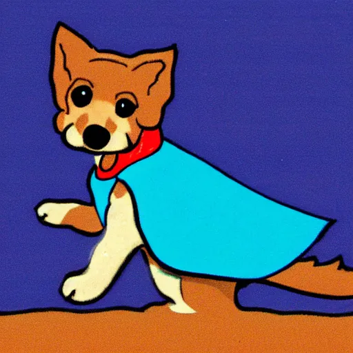 Prompt: light brown female dog wearing a blue cape, she's flying through the sky. Comic strip. As photograph.