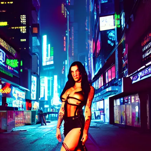 Image similar to cyberpunk megan fox, standing on a cyberpunk street at night, streets are lit with neon lights, portrait, cinematic