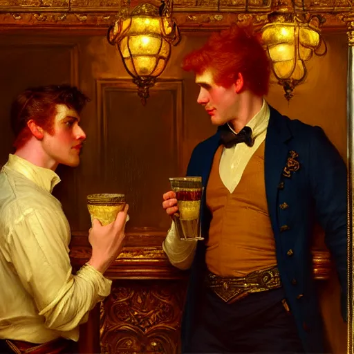 Image similar to attractive male mike with ginger hair and attractive male tyler with brunet hair, drinking their hearts out, in their noble mansion, at night. highly detailed painting by gaston bussiere, craig mullins, j. c. leyendecker 8 k