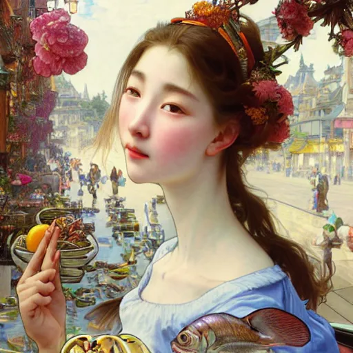 Prompt: a masterpiece ultrarealistic ultradetailed portrait of beautiful love fishmonger girl on fruits street market baroque renaissance. medium shot, intricate, elegant, by stanley artgerm lau, wlop, alphonse mucha, rossdraws, andrei riabovitchev, yoshitaka amano. flower background my james jeand and takashi murakami.