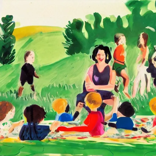 Prompt: A beautiful land art of a young woman surrounded by a group of children. The children are playing and laughing while the woman looks on with a smile. The background is a idyllic countryside scene with rolling hills and trees. steel by Amy Sillman earthy, extemporaneous