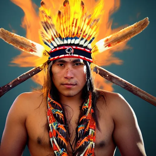 Image similar to young handsome Native American man wears warrior regalia and headdress, wielding a tomahawk, fiery background, digital art, stunning, 4k
