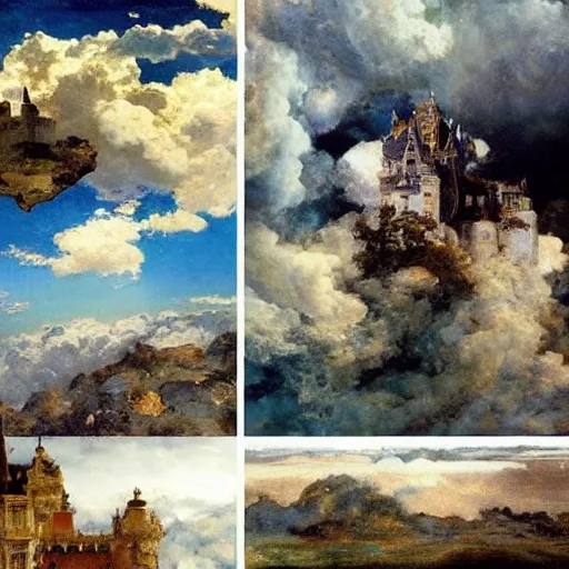 Prompt: A beautiful collage of a castle in the clouds. by Alexandre Cabanel, by Maggi Hambling energetic