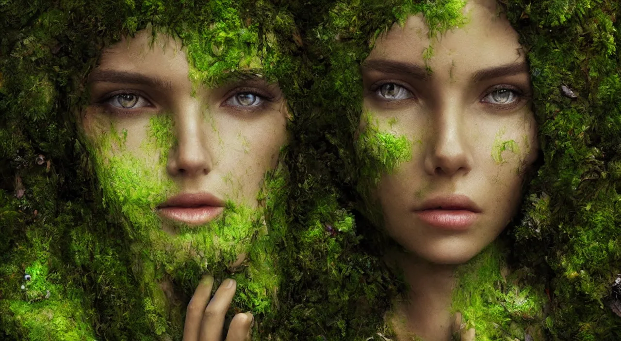 Image similar to Portrait of a moss-covered Gaia goddess shedding a single tear, highly-detailed, elegant, dramatic lighting, artstation, 4k