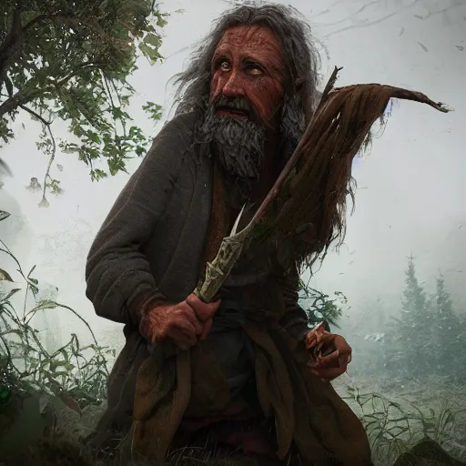 Image similar to realistic a human hobo druid with nature magic around, fantasy book, d & d, high detail, 8 k, octane render painting, dark fantasy