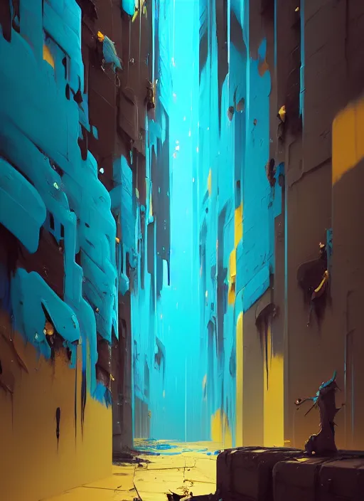 Image similar to matte painting extreme offset 3 d calligraphy graffiti mural dripping paint wall extreme maximalism by atey ghailan, by greg rutkowski, by greg tocchini, by james gilliard, by joe fenton, yellow, brown, black and cyan color scheme, octane render