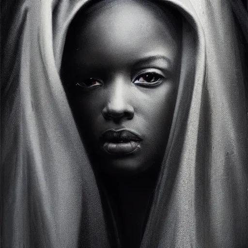 Image similar to a portrait of a young black woman wearing a long dark cloak, hood and shadows covering face, anatomically correct, beautiful perfect face, enigmatic, oil painting, matte painting, black background, Volumetric dynamic lighting, Highly Detailed, Cinematic Lighting, Unreal Engine, 8k, HD, by Beksinski