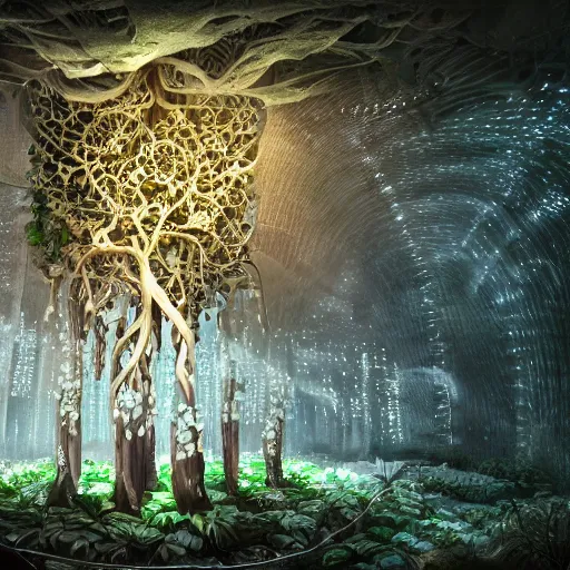Image similar to biocomputer heart organ intertwined with white biocomputer flowers and biomechanical flowers in a cave robotic forest, intricate environment, matte painting, diffused lighting, highly detailed cinematic, atmosphere, diffused lighting, highly detailed digital art, trending on artstation, depth of field, wide angle