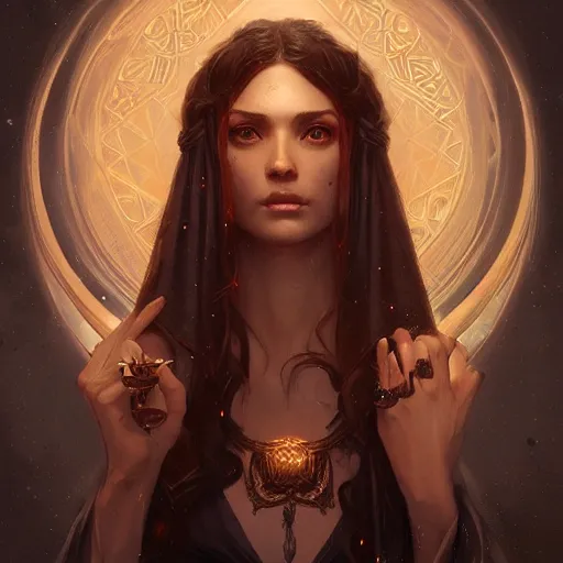 Image similar to Portrait of Hecate, goddess of magic, intricate, cinematic lighting, highly detailed, digital painting, artstation, concept art, smooth, sharp focus, illustration, art by Artgerm and Greg Rutkowski, Cgsociety