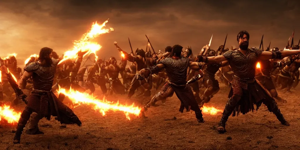 Image similar to epic battle screen of hero, film still from the movie'3 0 0'( 2 0 0 6 ), 3 d, 8 k realistic, cryengine, playstion 5 screen, cinematic lighting