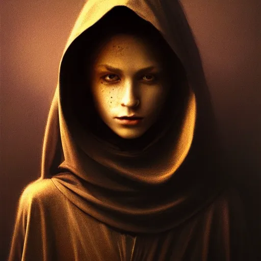 Image similar to a portrait of a young woman wearing a long dark cloak, hood and shadows covering face, anatomically correct, beautiful perfect face, enigmatic, oil painting, matte painting, black background, Volumetric Golden dappled dynamic lighting, Highly Detailed, Cinematic Lighting, Unreal Engine, 8k, HD, by Beksinski