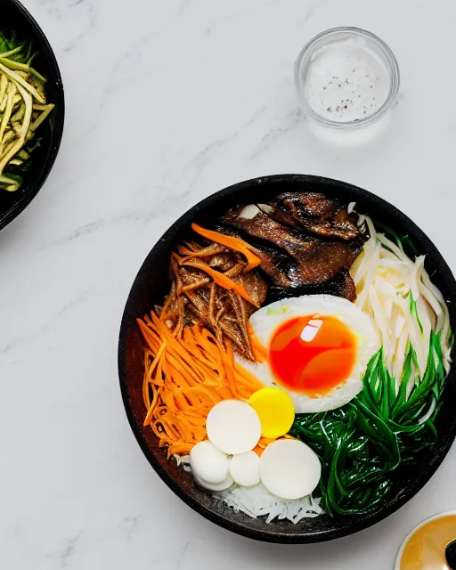 Prompt: realistic photo of delicious bimbimbap, bowl, white kitchen table, marble, highly detailed, by louise lister, sara ali, mary devinat, kailee mandel, masterpiece, award winning, food photography