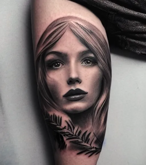 Prompt: tattoo design sketch of a beautiful girl portrait in front of a faded mountain background, in the style of den yakovlev, black and white, realism tattoo, hyper realistic, highly detailed