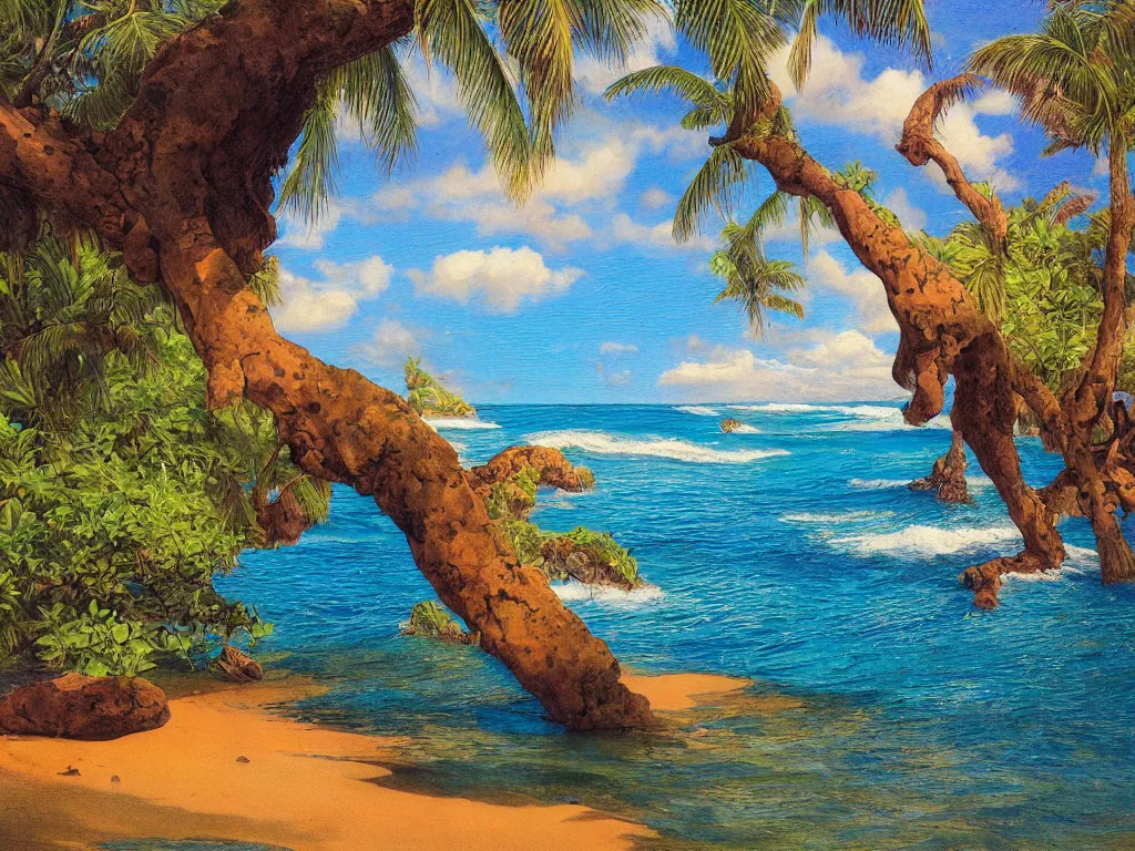 Prompt: Poipu Kauai, Hidden lava rock beach lagoon, Sunlight Study, by Asher Brown Durand and (((((Hans Zatzka))))) and ((((((((Lisa Frank)))))))), Art Nouveau, 8k, concept art, smooth, sharp focus