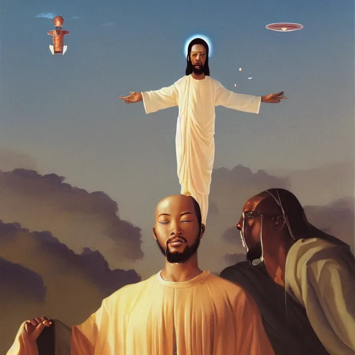 Prompt: a massive hovering UFO over an African Jesus ,painting by Hsiao-Ron Cheng,