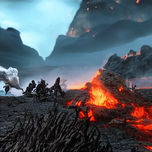 Image similar to epic battle between two wizards, lava in the background, cinematic, establishing shot