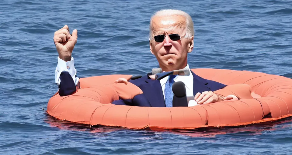 Image similar to joe biden sitting on a floating ring in the ocean