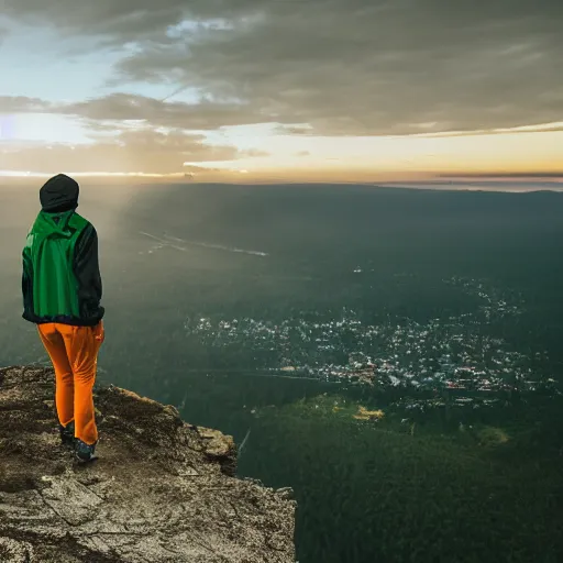 Prompt: professional photograph of an anthropomorphic giraffe wearing a green rain jacket standing on the ledge of a cliff during a sunset, 8k, dslr, cinematic,