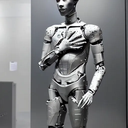 Image similar to “a realistic detailed photo of a guy who is an attractive humanoid who is half robot and half humanoid, who is a male android, actor Grant Gustin, shiny skin, posing like a statue, blank stare, at the museum, on display”