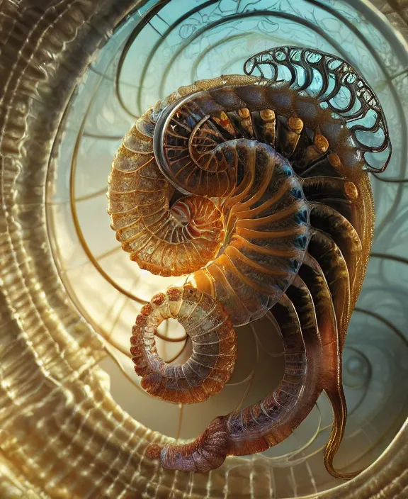 Prompt: intricate ornate opulent transparent clear see - through portrait of a horrific beautiful alien nautilus, mottled coloring, adorable, childlike, pastoral environment, ultra realistic, concept art, art nouveau, photorealistic, octane render, 8 k, unreal engine. art by christopher marley and artgerm and greg rutkowski and alphonse mucha