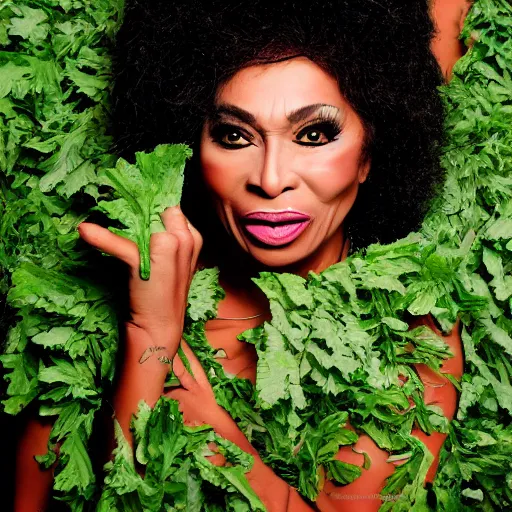 Image similar to tina turner portrait, green turnip hair leaves, colored, dslr, photoshoot