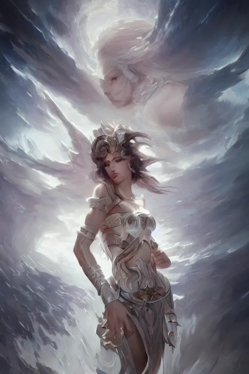 Image similar to half body closeup beautiful girl warrior in white dress, casting magic spell, angel, magic storm and thunder clouds, fantasy, magic the gathering, hyper detailed, 3 d render, hyper realistic detailed portrait, peter mohrbacher